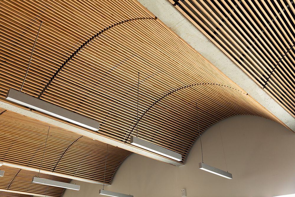 laudescher réalisation lycée bezons plafonds suspendu bois massif acoustique courbe